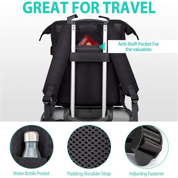 Stylish 15.6 Inch Laptop Backpack for Women with USB Charging Port - Black - Picture 5 of 7